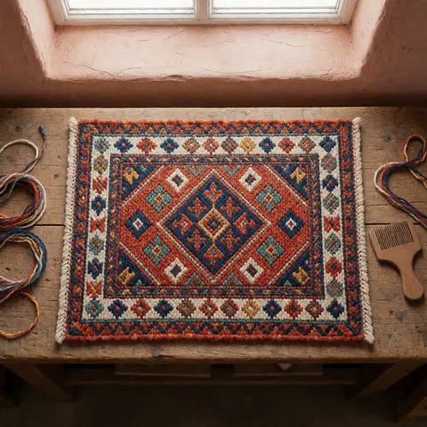 Tapis tissé à la main avec des motifs géométriques en terre cuite, indigo et crème sur un banc en bois rustique, entouré de fils et d'un peigne en bois, éclairage naturel.