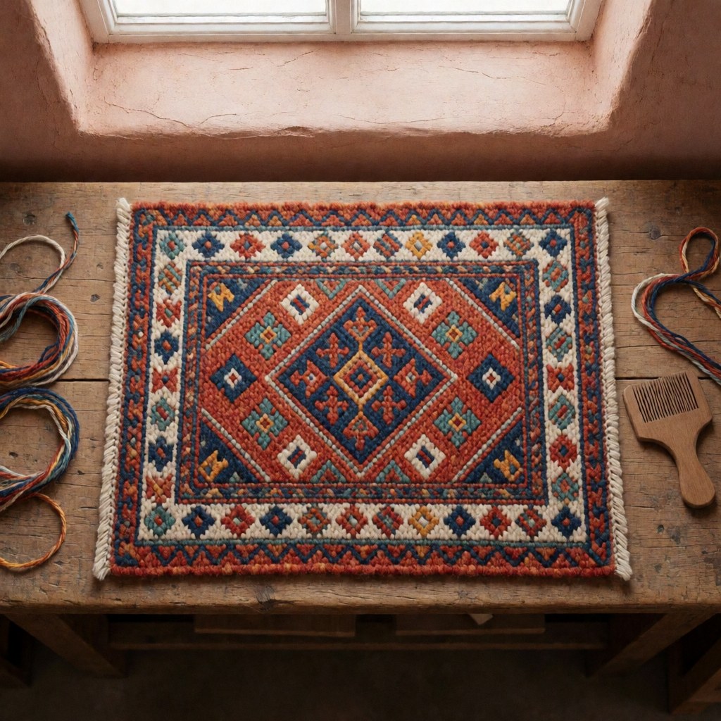 Tapis tissé à la main avec des motifs géométriques en terre cuite, indigo et crème sur un banc en bois rustique, entouré de fils et d'un peigne en bois, éclairage naturel.