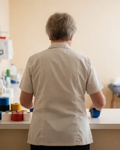 Un professionnel de santé organise des rouleaux de bande adhésive dans un centre de traitement avec du matériel médical en arrière-plan.