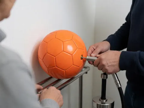 Des mains utilisent une pompe manuelle pour gonfler un ballon de football orange posé sur un support métallique dans un club sportif.