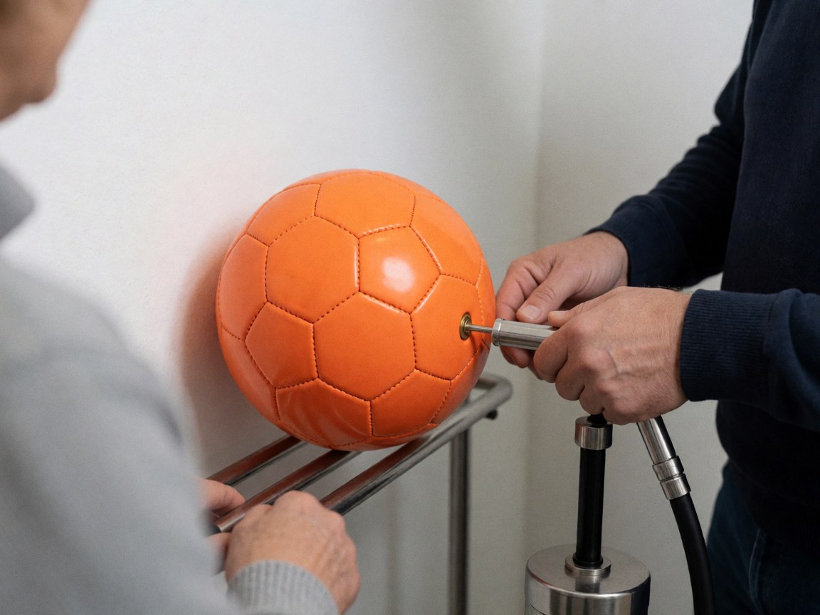 Des mains utilisent une pompe manuelle pour gonfler un ballon de football orange posé sur un support métallique dans un club sportif.