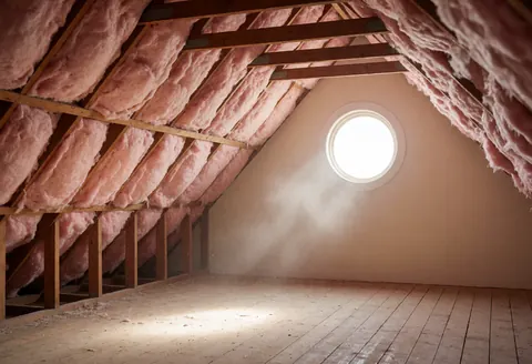 Espace de plafond avec poutres en bois, isolation rose et lumière naturelle par une fenêtre ronde, idéal pour la réparation de toits.