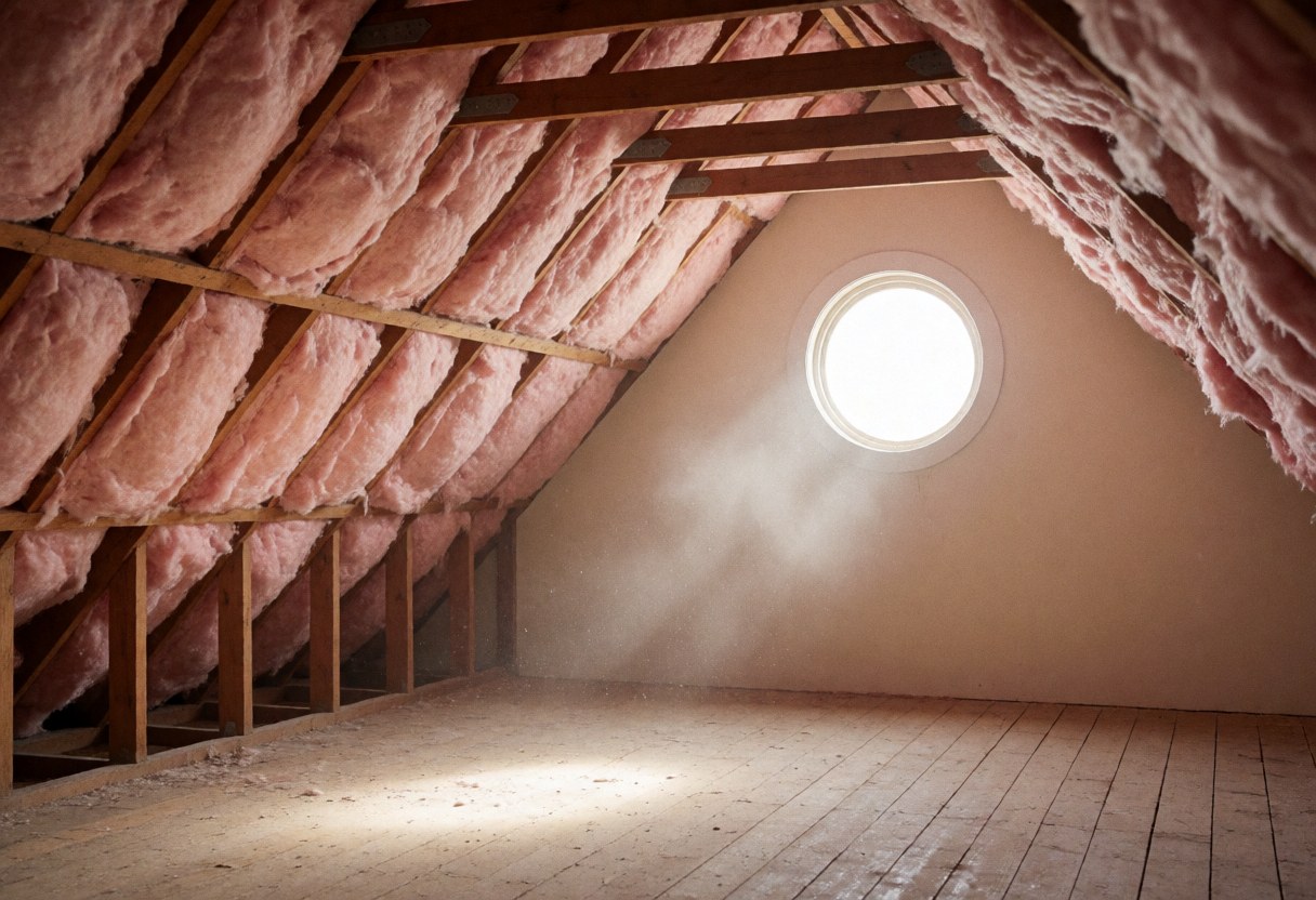 Espace de plafond avec poutres en bois, isolation rose et lumière naturelle par une fenêtre ronde, idéal pour la réparation de toits.