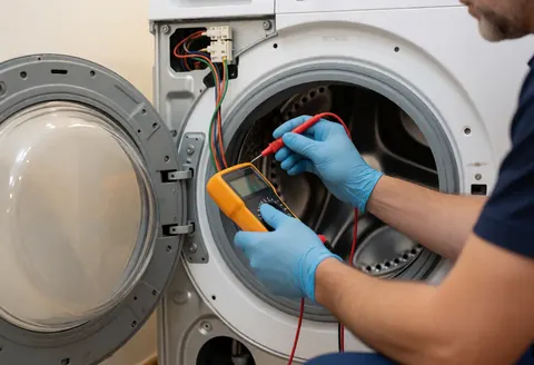 Un technicien portant des gants bleus examine l'intérieur d'une laveuse blanche avec un multimètre, révélant des câbles et des composants métalliques sous un éclairage doux.