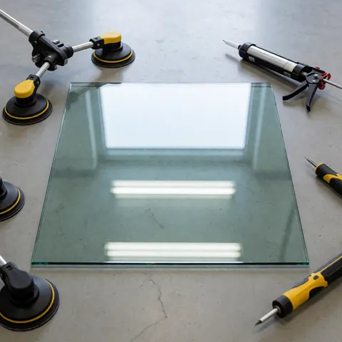 Vitre à faible émission posée sur un sol en béton, entourée d'une pistolet à silicone et d'une ventouse pour une installation professionnelle.