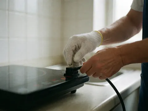Gros plan d'une main portant un gant blanc branchant un câble noir sur une cuisinière à induction dans une cuisine aux murs carrelés blancs.