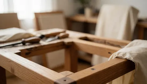 Un cadre en bois en cours de travail d'upholsterie, entouré d'outils et de tissus doux dans un atelier chaleureux et artisanal.
