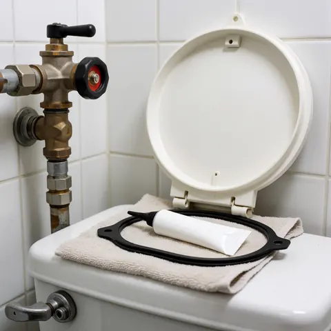 Un joint noir et un tube de mastic blanc posés sur une serviette blanche, prêts à remplacer le joint d'étanchéité des toilettes, devant un mur de carreaux blancs.