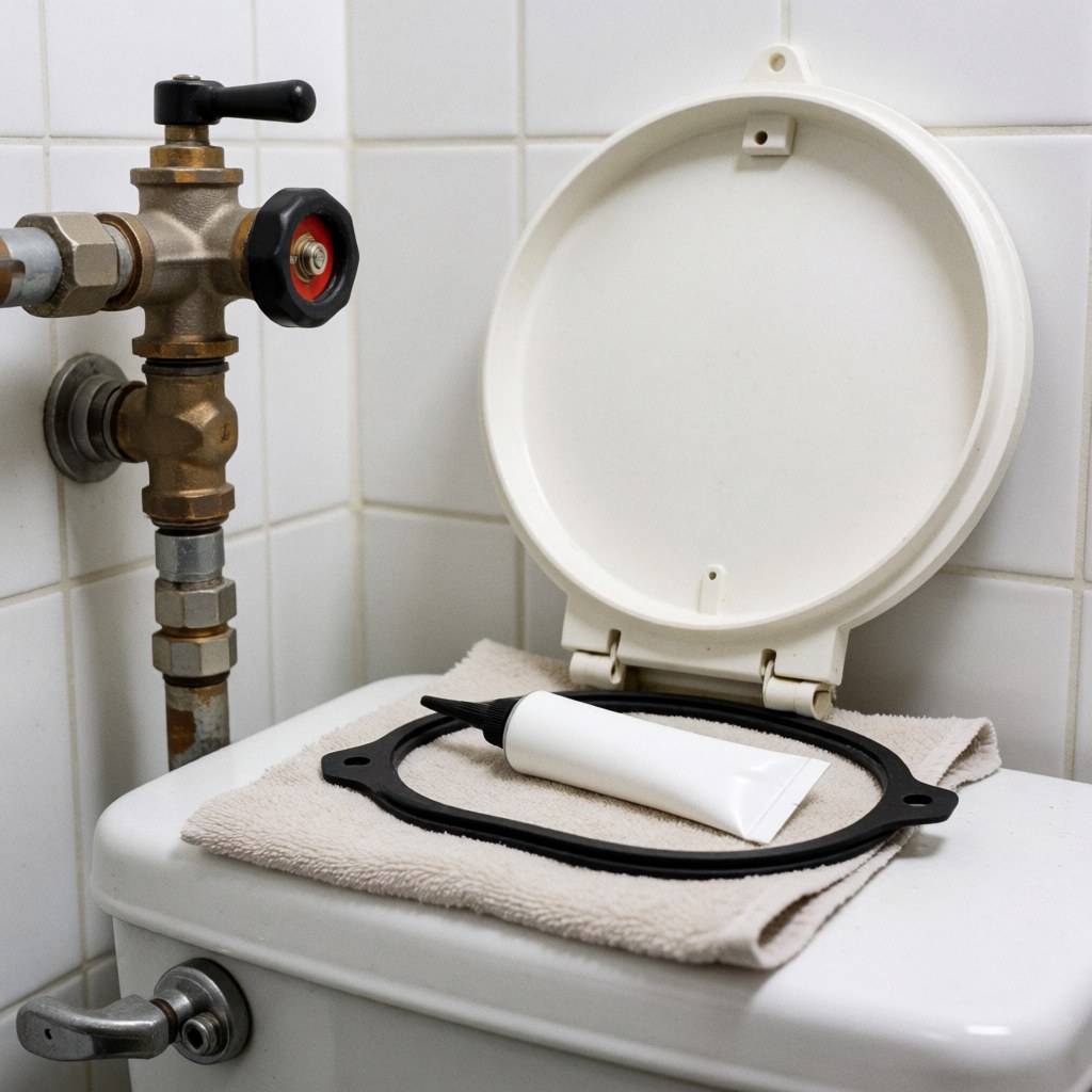 Un joint noir et un tube de mastic blanc posés sur une serviette blanche, prêts à remplacer le joint d'étanchéité des toilettes, devant un mur de carreaux blancs.