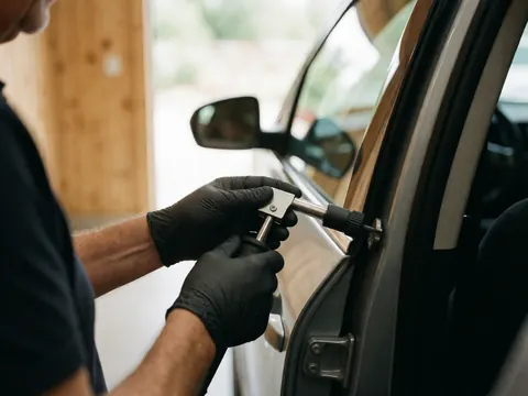 Technicien en gants noirs maniant un outil à air comprimé pour ouvrir une porte automobile devant un mur en bois et une lumière naturelle.