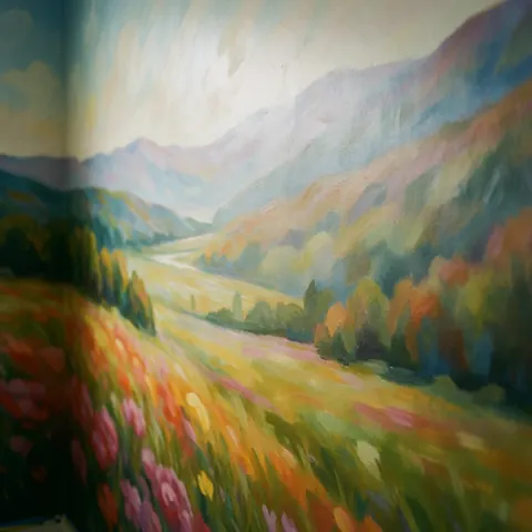 Mural décoratif peint à la main sur un mur représentant un paysage de montagnes et des fleurs colorées, idéal pour la décoration d'espaces intérieurs.
