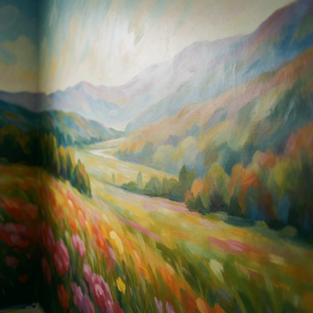 Mural décoratif peint à la main sur un mur représentant un paysage de montagnes et des fleurs colorées, idéal pour la décoration d'espaces intérieurs.