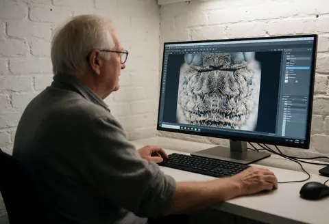 Un photographe macro est assis devant un ordinateur, en train de retoucher une image détaillée d'un insecte sur un grand écran dans un bureau.