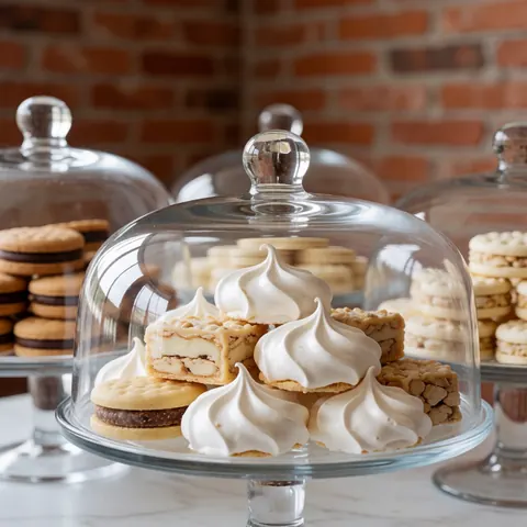 Des confiseries traditionnelles comme des alfajors et des meringues exposées dans des vitrines en verre sur une table blanche avec un mur de briques rouges en arrière-plan
