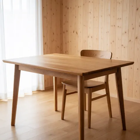 Table à manger en bois clair accompagnée d'une chaise, murs habillés de panneaux de bois, lumière naturelle entrant par une fenêtre, créant une ambiance chaleureuse et accueillante.