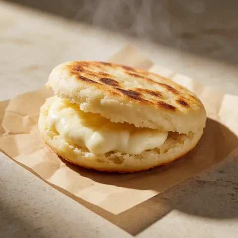 Une arepa dorée ouverte révélant du fromage blanc fondu, avec de la vapeur s'élevant, posée sur du papier brun sur une surface en pierre.