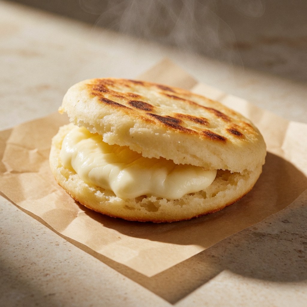 Une arepa dorée ouverte révélant du fromage blanc fondu, avec de la vapeur s'élevant, posée sur du papier brun sur une surface en pierre.