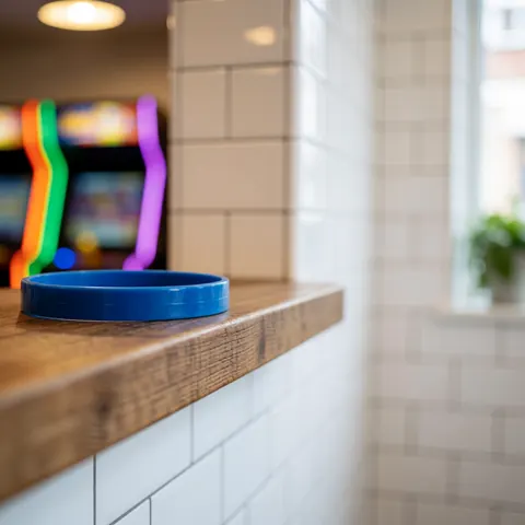 Un bracelet bleu vif repose sur un comptoir en bois texturé avec des murs de carreaux blancs et des lumières d'arcade floues en arrière-plan.