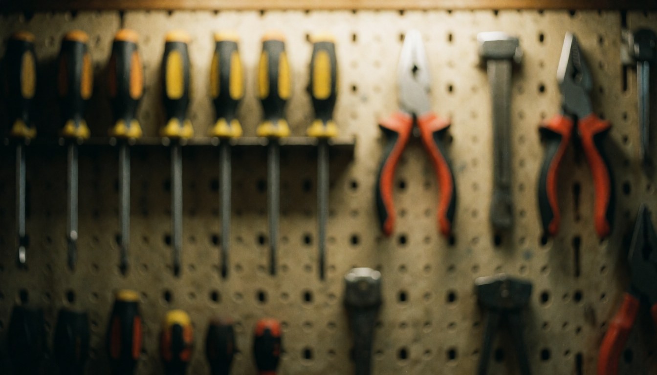 Fond flou d'outils accrochés sur un mur à clous, incluant des tournevis et des pinces, éclairage chaleureux, idéal pour des textes commerciaux.