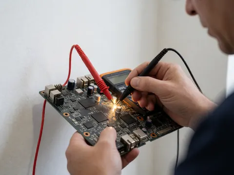 Mains d'un technicien réparant une télévision avec un multimètre sur une carte de circuit imprimé, éclairage chaud et fond blanc.