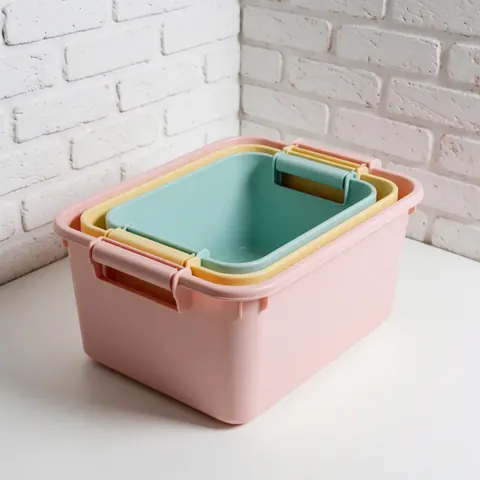 Trois boîtes en plastique de couleur pastel empilées les unes sur les autres, posées sur une surface blanche devant un mur de briques blanches.