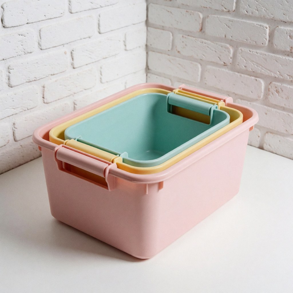 Trois boîtes en plastique de couleur pastel empilées les unes sur les autres, posées sur une surface blanche devant un mur de briques blanches.