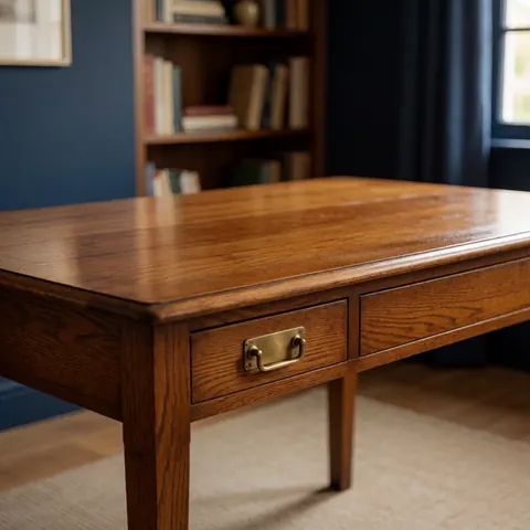 Ancienne table en bois restaurée avec un fini brillant, des pieds robustes et des tiroirs munis de poignées en bronze dans un bureau avec étagère et mur bleu foncé.