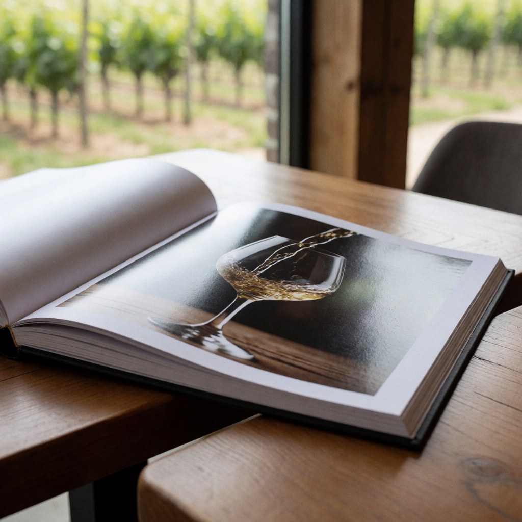 Livre de photographie professionnelle ouvert sur une table en bois montrant du vin versé avec des vignes en arrière-plan