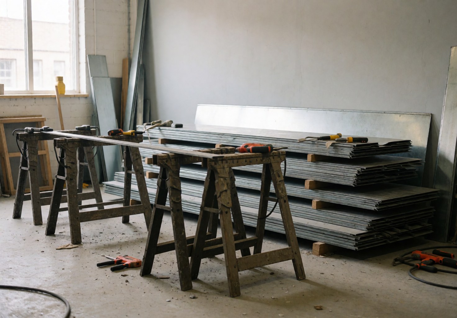 Atelier avec planches de bois posées sur des supports, outils, tôles métalliques empilées, sol poussiéreux et lumière naturelle par la fenêtre.