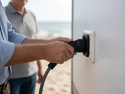 Gros plan d'une main adulte connectant un câble électrique à une prise murale dans une caravane, avec un arrière-plan flou de plage et de mer en lumière naturelle.