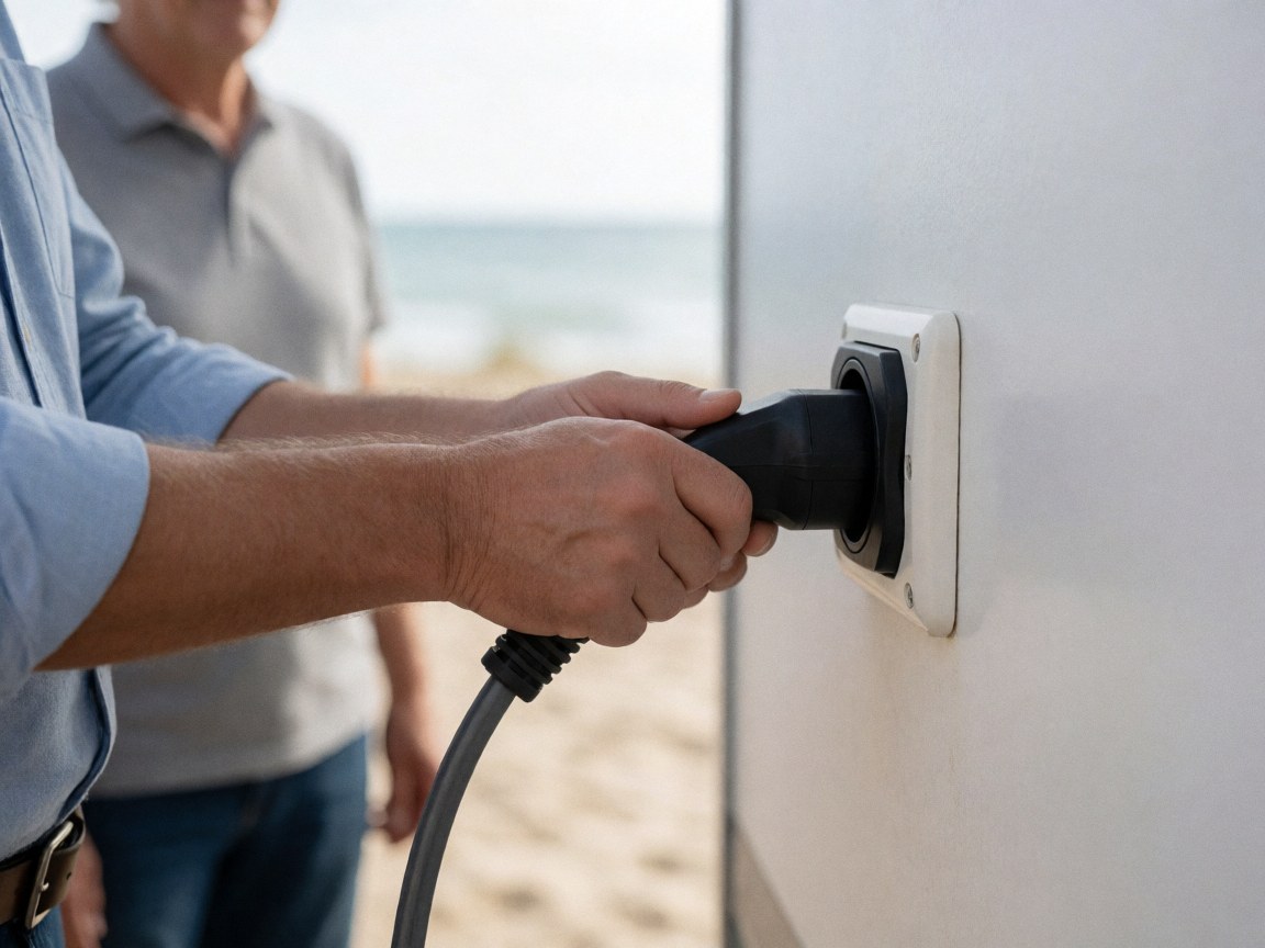Gros plan d'une main adulte connectant un câble électrique à une prise murale dans une caravane, avec un arrière-plan flou de plage et de mer en lumière naturelle.