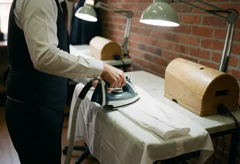Un tailleur en uniforme professionnel repasse une chemise blanche sur une table avec support en bois et éclairage de travail dans un atelier.