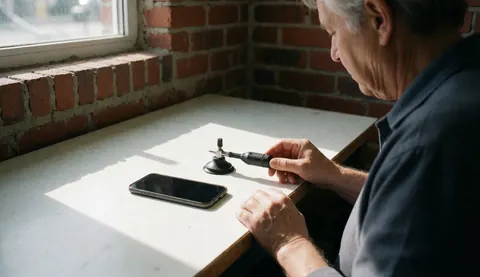Un technicien effectuant la réparation d'un smartphone à l'aide d'une ventouse sur une table en bois, devant un mur de briques rouges et une fenêtre laissant entrer la lumière naturelle.