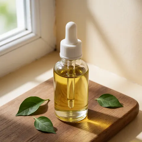 Flacon d'huile avec compte-gouttes posé sur une planche en bois, entouré de feuilles vertes sous une lumière naturelle, idéal pour des produits de massage.