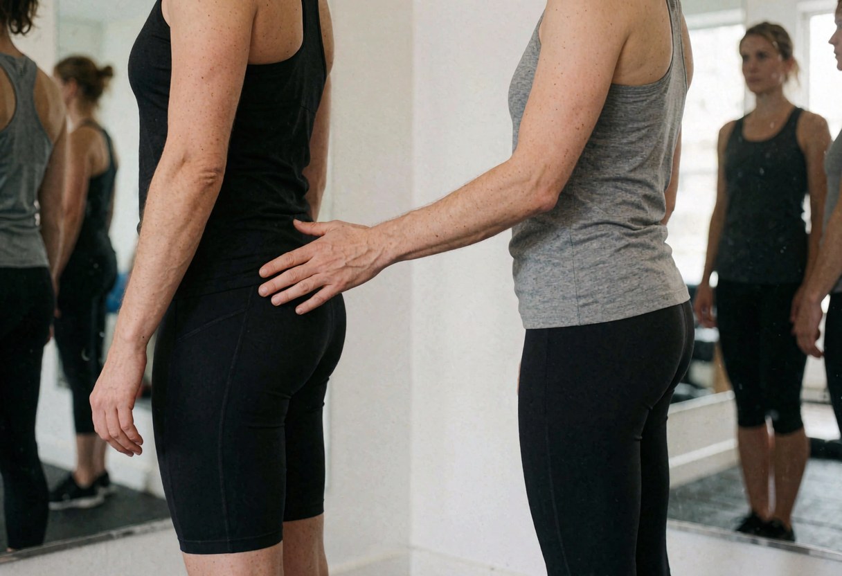 Une instructrice de boxe féminine corrige la posture d'une élève en la plaçant la main sur la hanche, devant des miroirs dans un studio.
