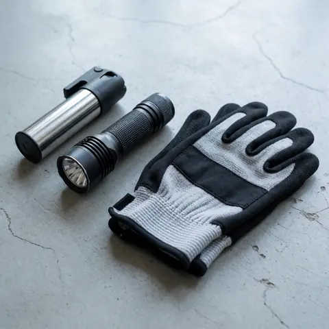 Gants d'entraînement, lampe tactique et spray au poivre posés sur un sol en béton gris. Accessoires pour la sécurité urbaine, l'éclairage et la protection.