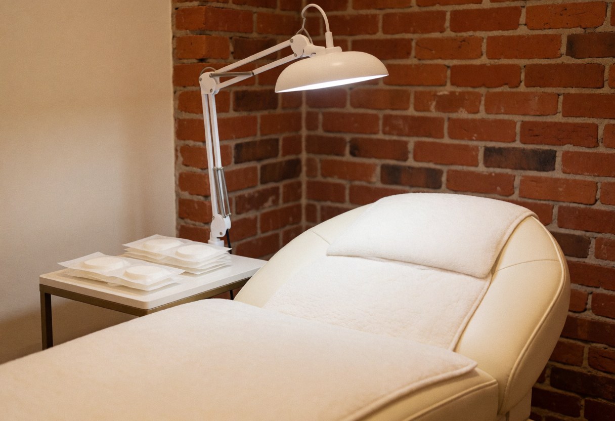 Lit de traitement blanc avec lampe ajustable sur mur en briques rouges, prêt pour un service professionnel.