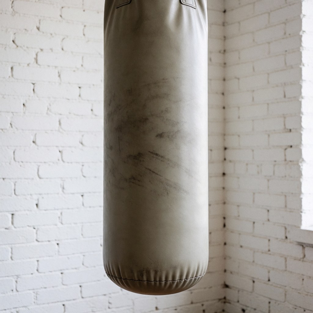 Sac de frappe en cuir avec des traces d'utilisation, suspendu dans un coin de mur en briques blanches, éclairé par la lumière naturelle.
