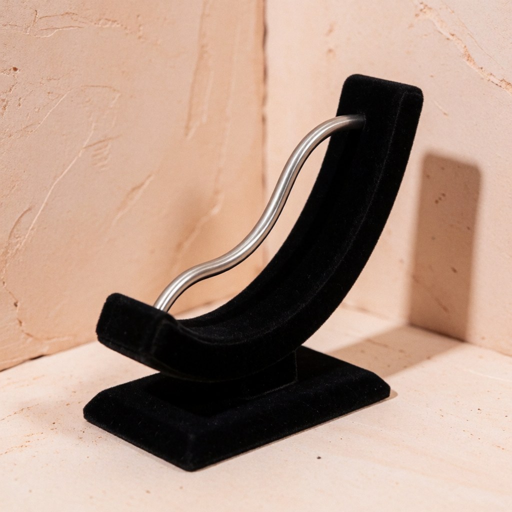 Barre de titane incurvée pour piercing posée sur un support en velours noir devant un mur terracotta clair avec un éclairage doux.