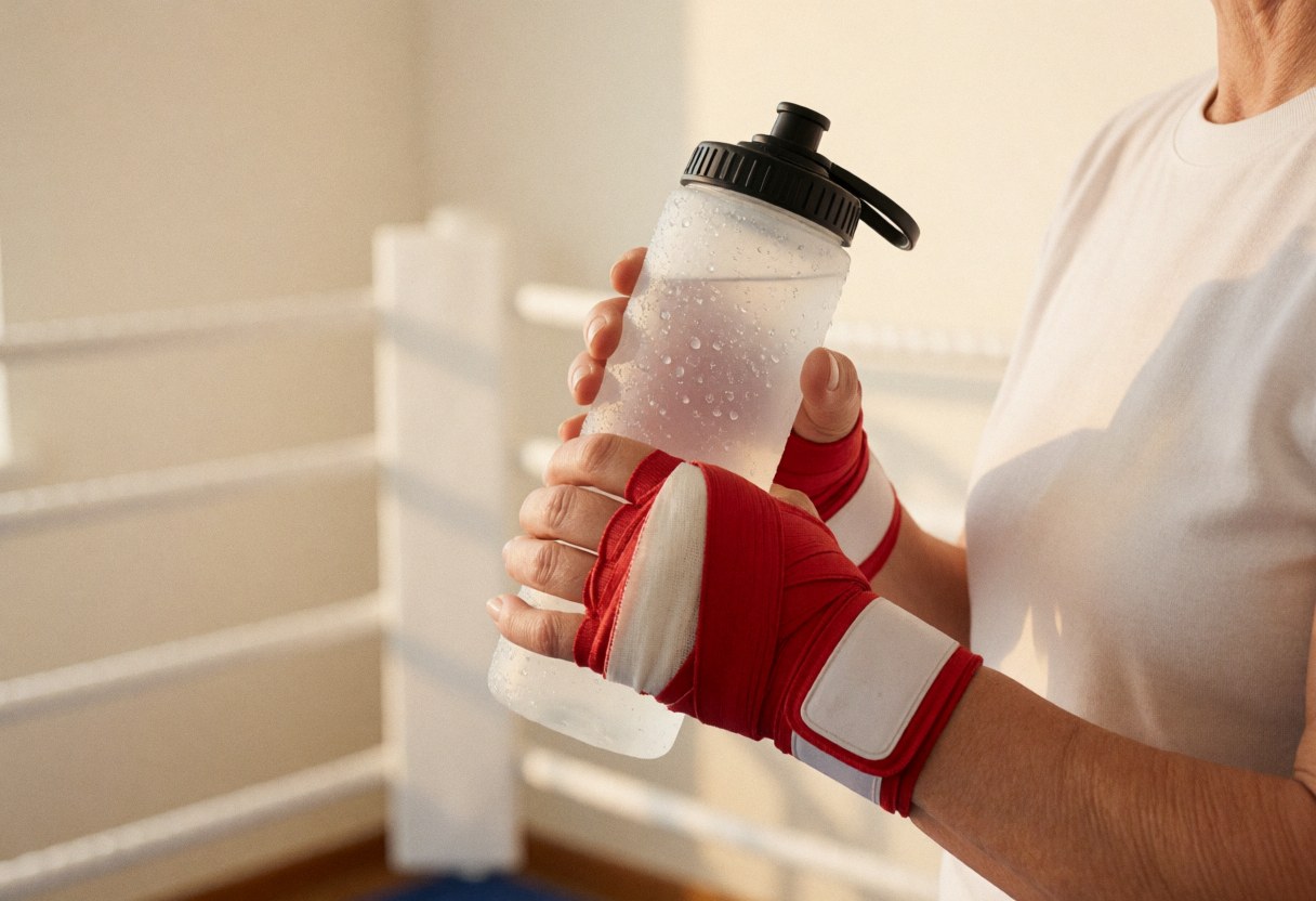 Une femme avec des bandages aux mains tient une bouteille d'eau en sueur dans un ring de boxe.