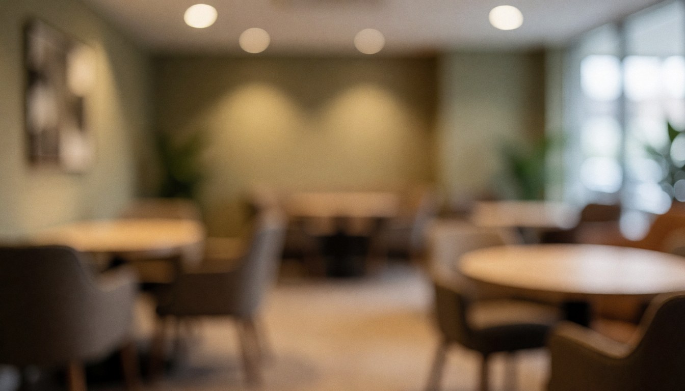 Arrière-plan flou d'une salle de réunion avec des tables rondes, des chaises, un éclairage chaleureux et des murs aux tons terre, idéal pour les événements.