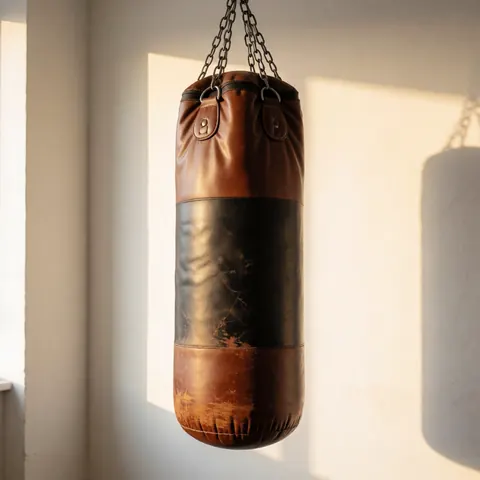 Un sac de boxe en cuir marqué par l'usage, suspendu à des chaînes contre un mur blanc, éclairé par une lumière naturelle créant des ombres douces.