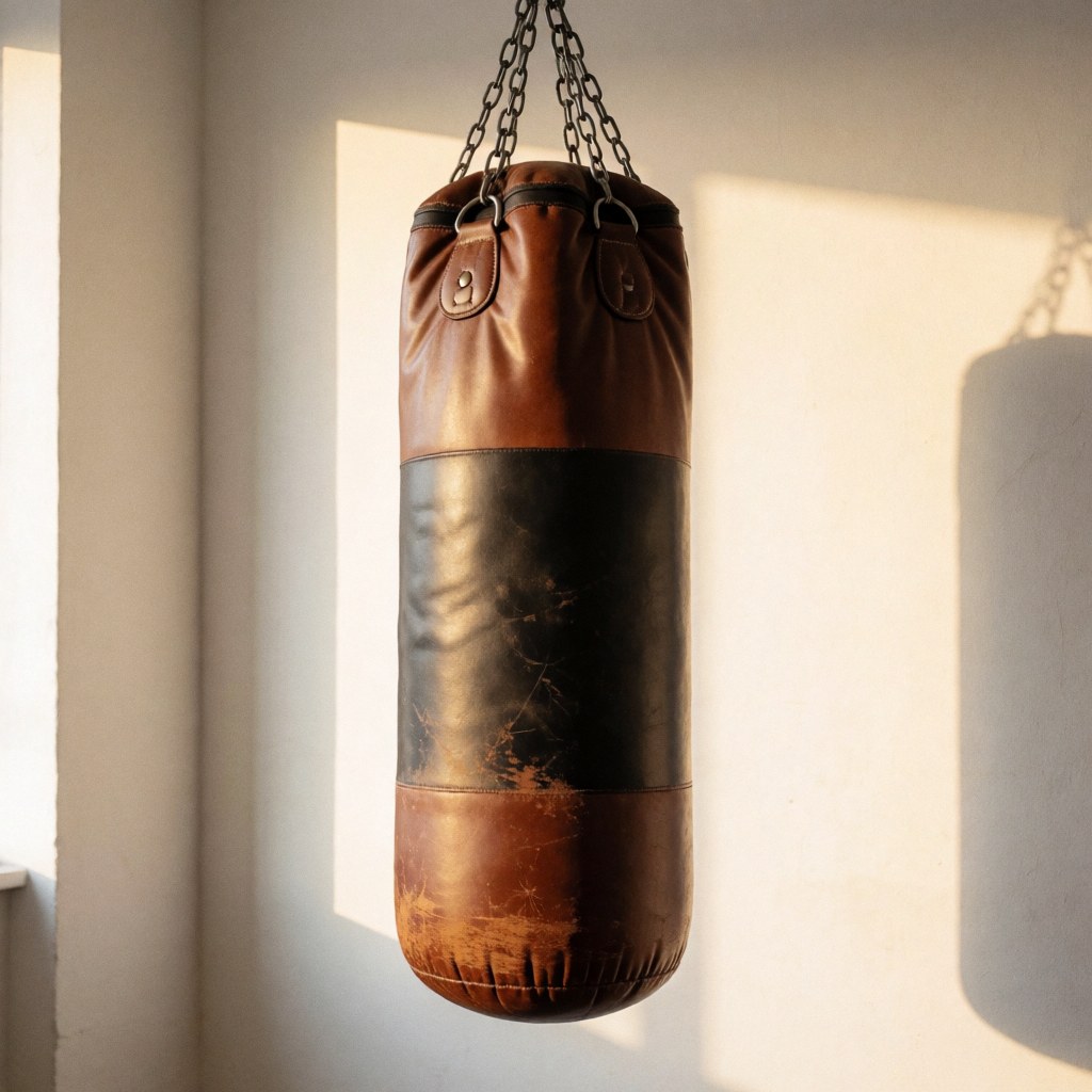 Un sac de boxe en cuir marqué par l'usage, suspendu à des chaînes contre un mur blanc, éclairé par une lumière naturelle créant des ombres douces.