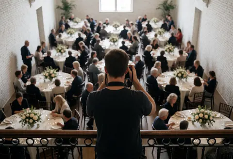 Un photographe prend des photos depuis un balcon d'une salle de réception avec des tables rondes, des fleurs et des invités assis.