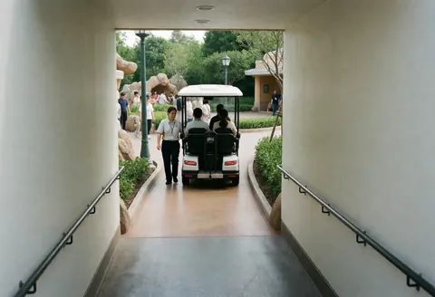 Un professionnel accompagne un véhicule de transport adapté pour visiteurs dans un parc thématique, avec paysages et autres personnes en arrière-plan sous lumière naturelle.