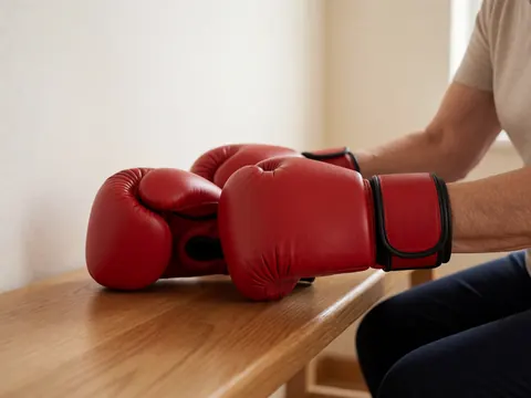 Gant de boxe rouge posé sur un banc en bois clair devant un mur blanc, éclairage naturel doux, détail d'équipement de sport.
