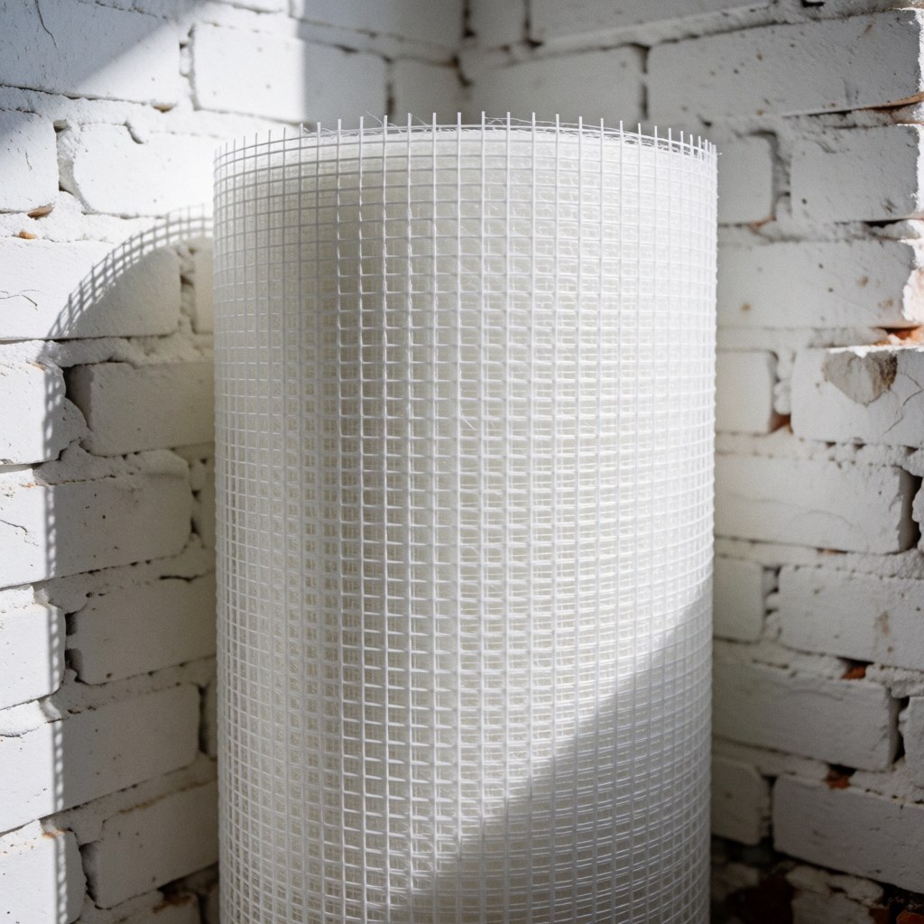 Rouleau de maille blanche à grille visible posé contre un mur de briques peintes en blanc, éclairé par la lumière du jour projetant des ombres nettes.
