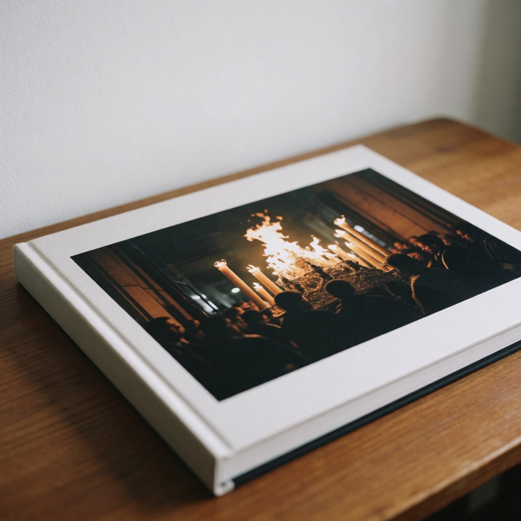 Album photo professionnel ouvert sur une table en bois, révélant une procession avec des bougies allumées et des vêtements sombres, éclairé par une lumière naturelle diffuse.