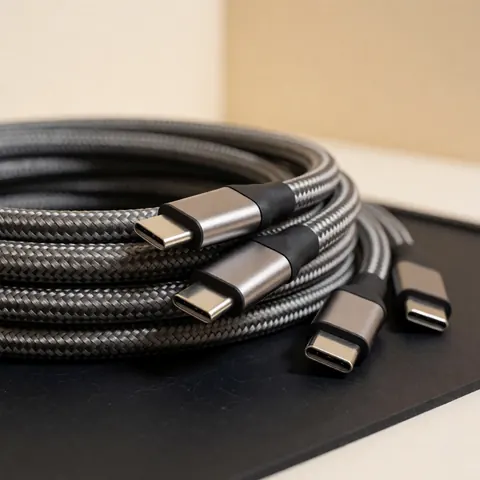 Des câbles USB-C de haute qualité avec des connecteurs métalliques brillants sont disposés sur une surface noire antistatique, idéale pour la réparation de consoles.
