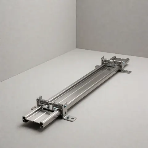 Piste de store en acier inoxydable avec ressort de tension et colliers de fixation sur fond blanc pour installation de stores.